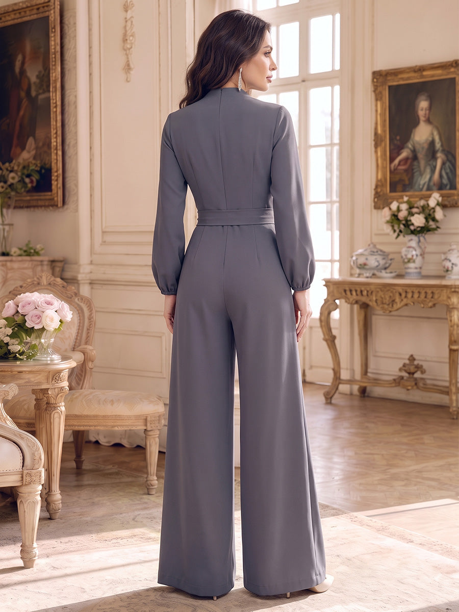 Jumpsuits  V-Neck  Long Sleeves  Stretch Satin  Floor-Length  Mother of the Bride Dresses  with Belt