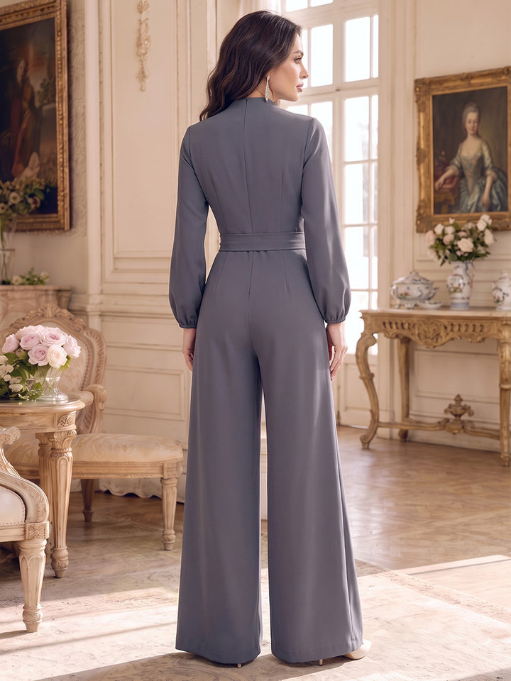 Jumpsuits  V-Neck  Long Sleeves  Stretch Satin  Floor-Length  Mother of the Bride Dresses  with Belt
