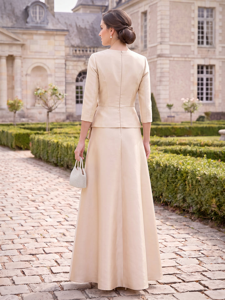 A-Line/Princess V-Neck 3/4 Sleeves Satin Floor-Length Mother of the Bride Dresses with 3D Flower