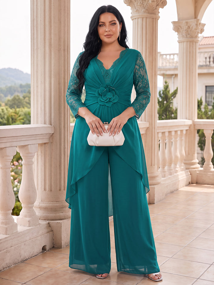 Jumpsuits V-Neck 3/4 Sleeves Chiffon Ankle-Length Plus Size Mother of the Bride Dresses with Lace