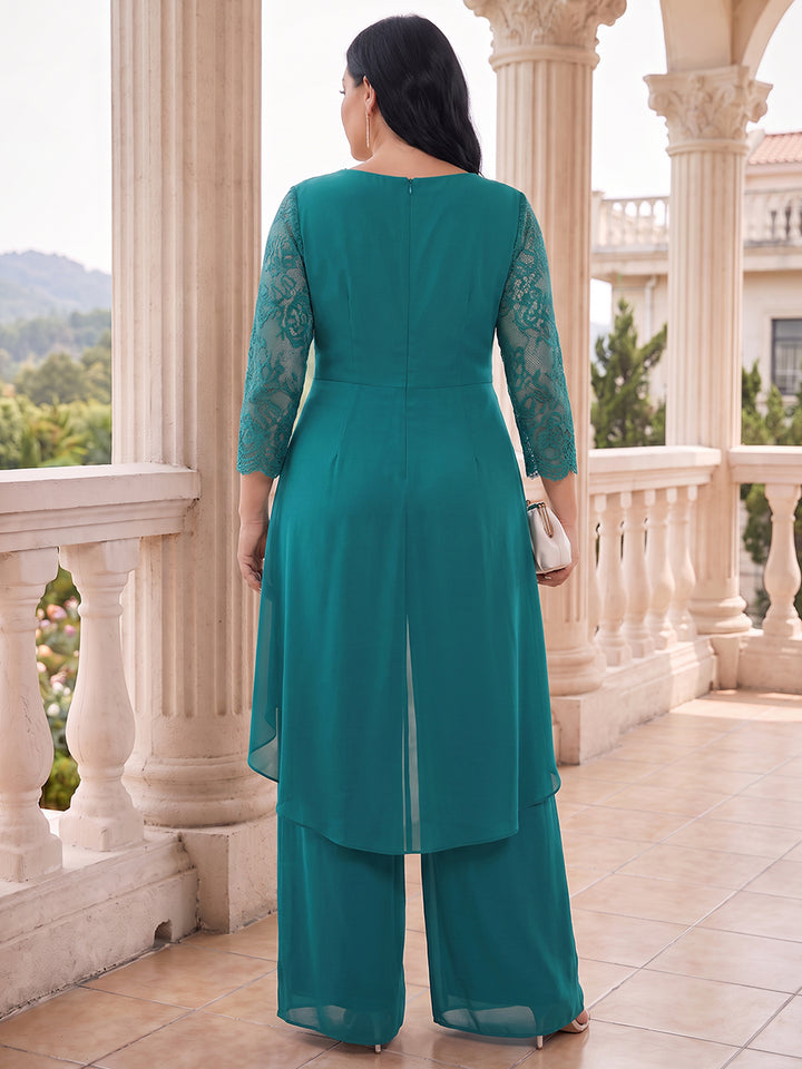 Jumpsuits V-Neck 3/4 Sleeves Chiffon Ankle-Length Plus Size Mother of the Bride Dresses with Lace