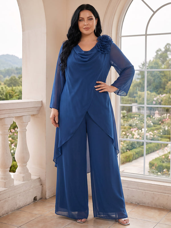 Jumpsuits Crew Neck Long Sleeves Chiffon Ankle-Length Plus Size Mother of the Bride Dresses with 3D Flower