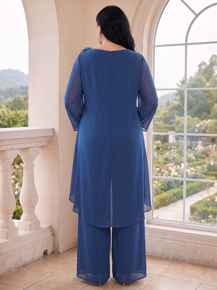 Jumpsuits Crew Neck Long Sleeves Chiffon Ankle-Length Plus Size Mother of the Bride Dresses with 3D Flower