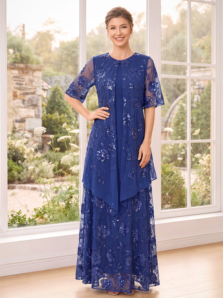 A-Line/Princess Scoop Half Sleeves  Floor-Length Mother of the Bride Dresses with Sequins &amp; Appliques