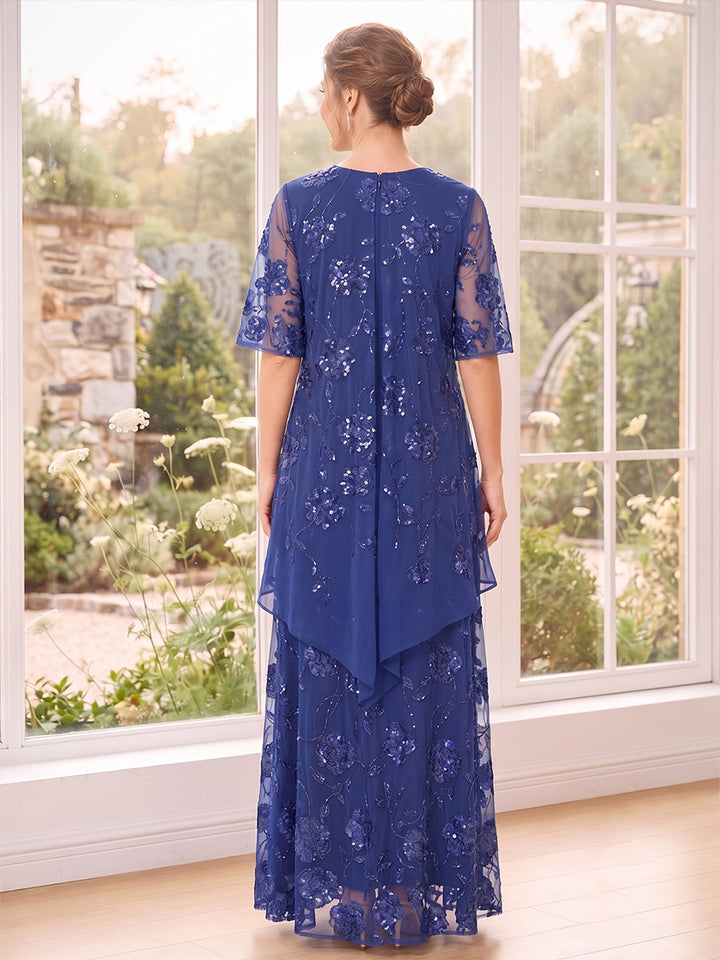 A-Line/Princess Scoop Half Sleeves  Floor-Length Mother of the Bride Dresses with Sequins &amp; Appliques