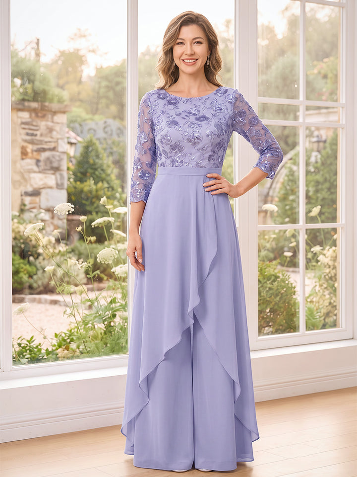 Jumpsuits Scoop 3/4 Sleeves Chiffon Floor-Length Mother of the Bride Dresses with Applique &amp; Split Side