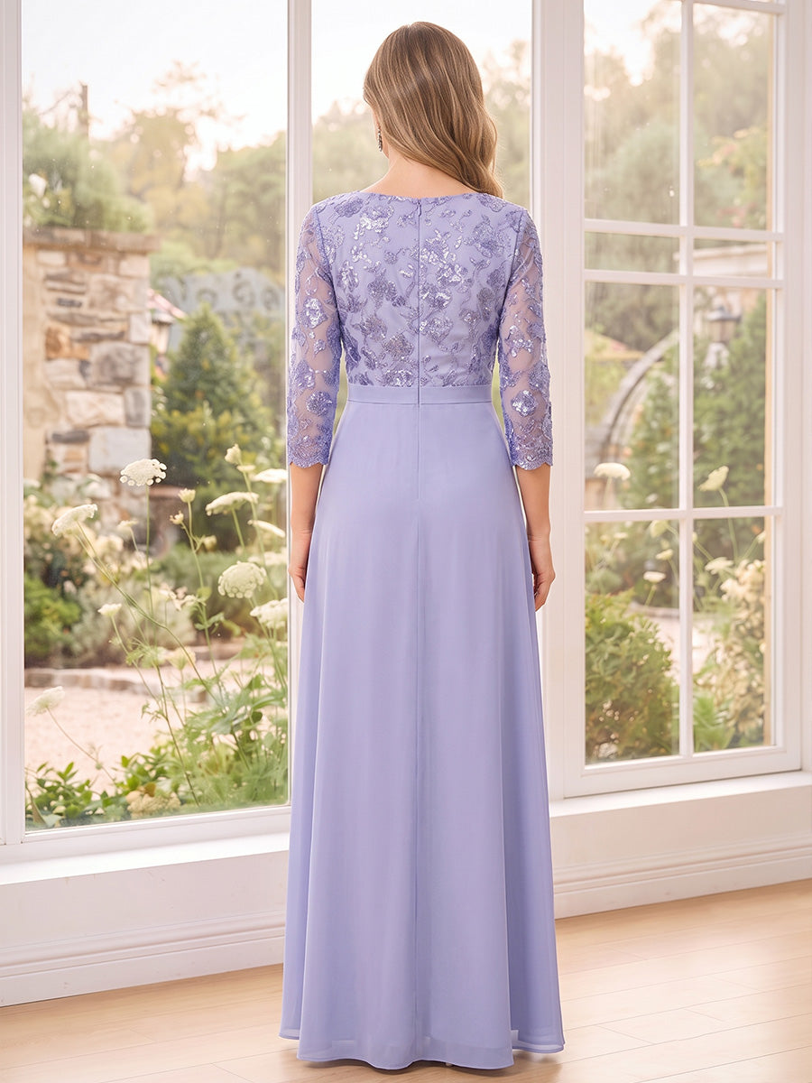 Jumpsuits Scoop 3/4 Sleeves Chiffon Floor-Length Mother of the Bride Dresses with Applique &amp; Split Side