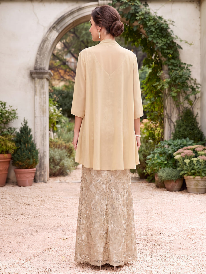 A-Line/Princess V-Neck 3/4 Sleeves Jacquard Floor-Length Mother of the Bride Dresses with Jacket