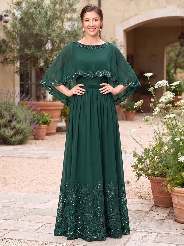 A-Line/Princess Scoop Half Sleeves Chiffon Floor-Length Mother of the Bride Dresses with Sequins & Appliques