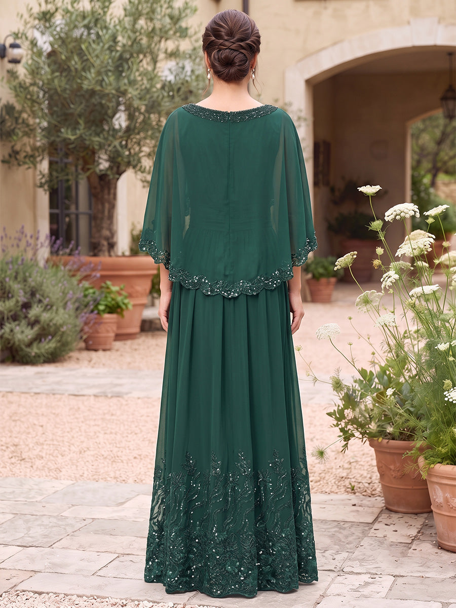 A-Line/Princess Scoop Half Sleeves Chiffon Floor-Length Mother of the Bride Dresses with Sequins &amp; Appliques