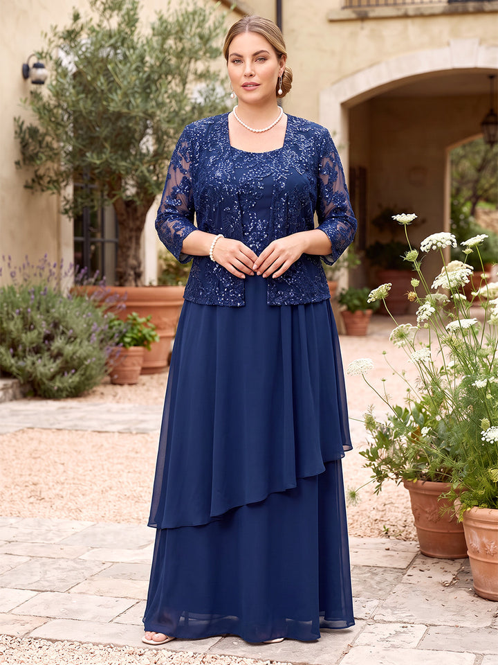 A-Line/Princess Scoop 3/4 Sleeves Chiffon Floor-Length Plus Size Mother of the Bride Dresses with Sequins &amp; Tiered