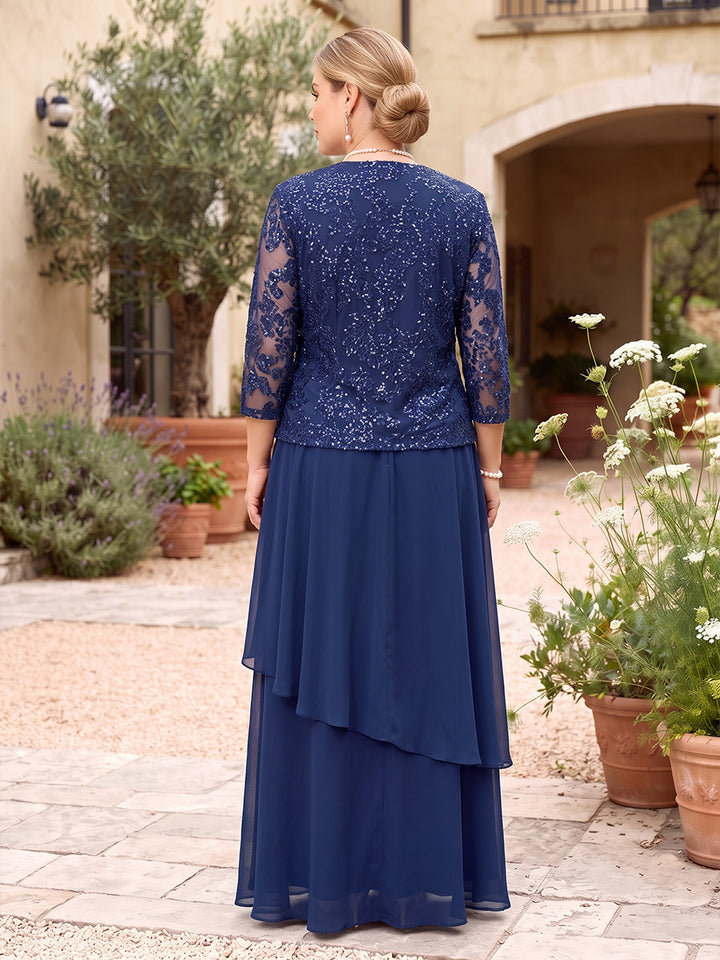 A-Line/Princess Scoop 3/4 Sleeves Chiffon Floor-Length Plus Size Mother of the Bride Dresses with Sequins &amp; Tiered