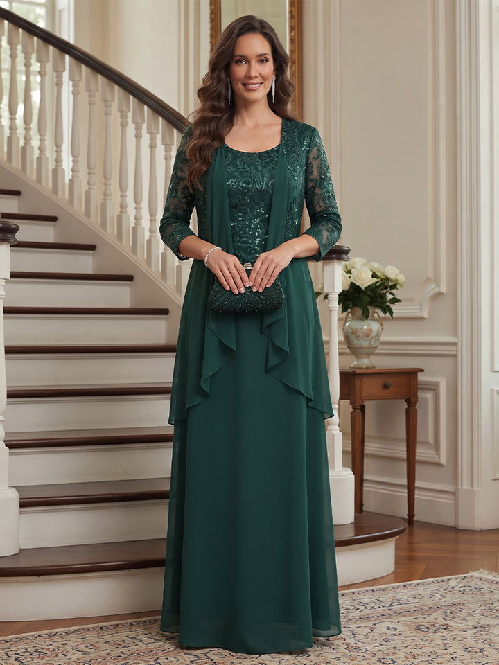 A-Line/Princess Scoop 3/4 Sleeves Chiffon Floor-Length Mother of the Bride Dresses with Applique &amp; Jacket