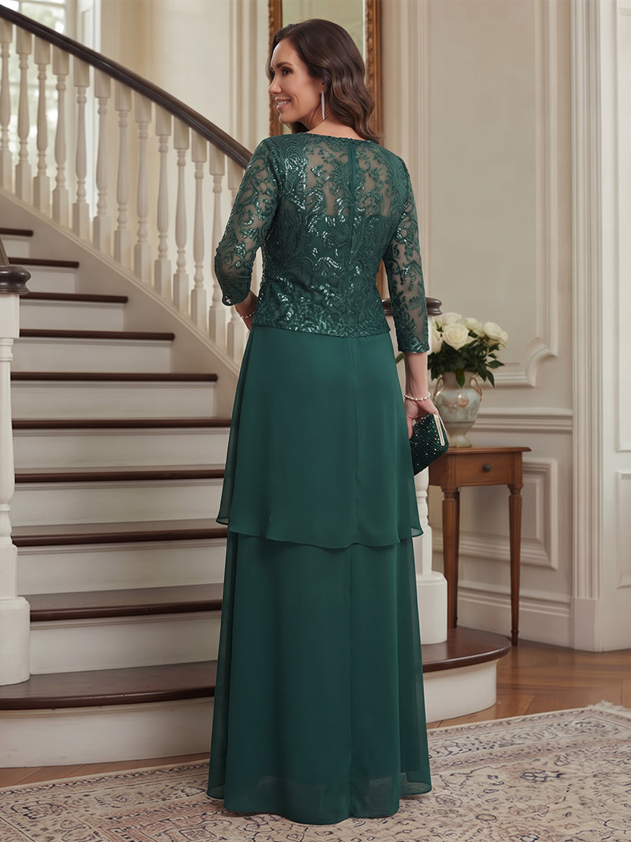 A-Line/Princess Scoop 3/4 Sleeves Chiffon Floor-Length Mother of the Bride Dresses with Applique &amp; Jacket