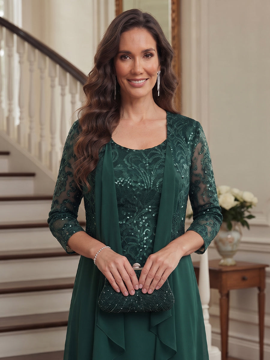 A-Line/Princess Scoop 3/4 Sleeves Chiffon Floor-Length Mother of the Bride Dresses with Applique &amp; Jacket
