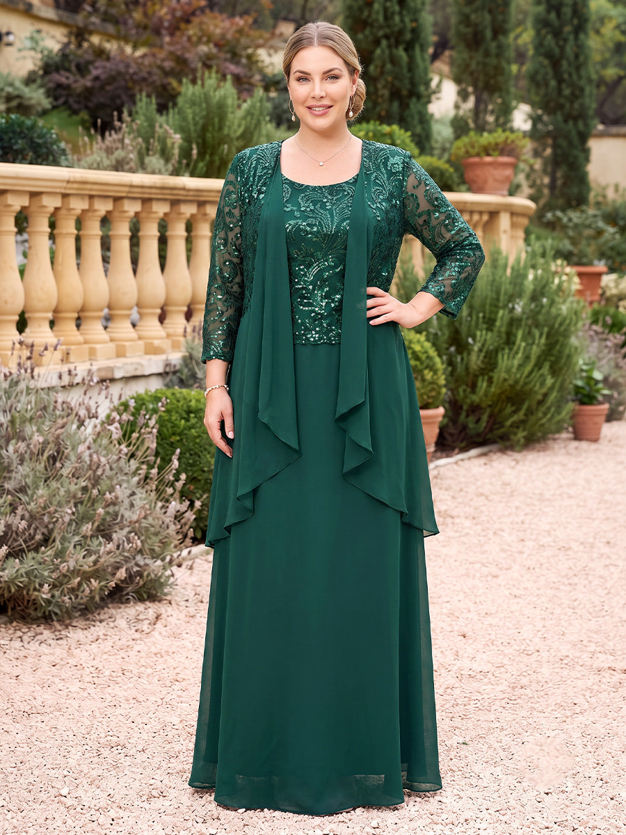 A-Line/Princess Scoop 3/4 Sleeves Chiffon Floor-Length Plus Size Mother of the Bride Dresses with Applique &amp; Jacket