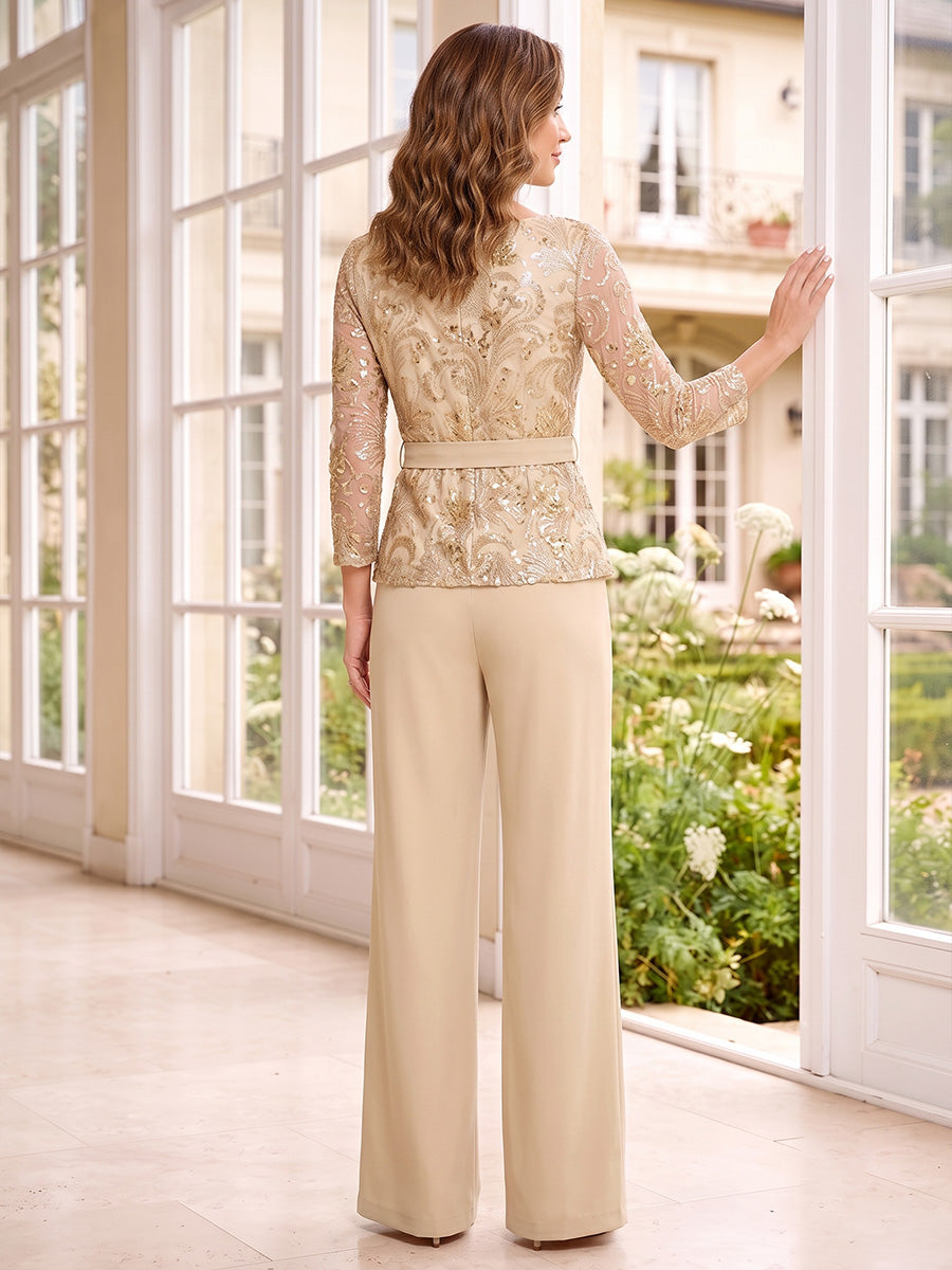 Jumpsuits Scoop 3/4 Sleeves  Floor-Length Mother of the Bride Dresses with Sequins &amp; Belt