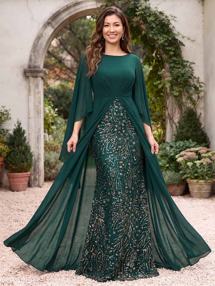 Sheath/Column Scoop 3/4 Sleeves Chiffon Floor-Length Mother of the Bride Dresses with Overskirt &amp; Appliques