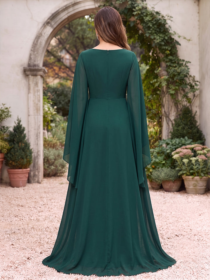 Sheath/Column Scoop 3/4 Sleeves Chiffon Floor-Length Mother of the Bride Dresses with Overskirt &amp; Appliques