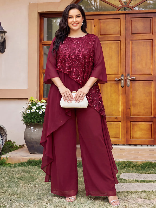 Jumpsuits Scoop Half Sleeves Sequin Ankle-Length Plus Size Mother of the Bride Dresses with Sequins & Ruffles