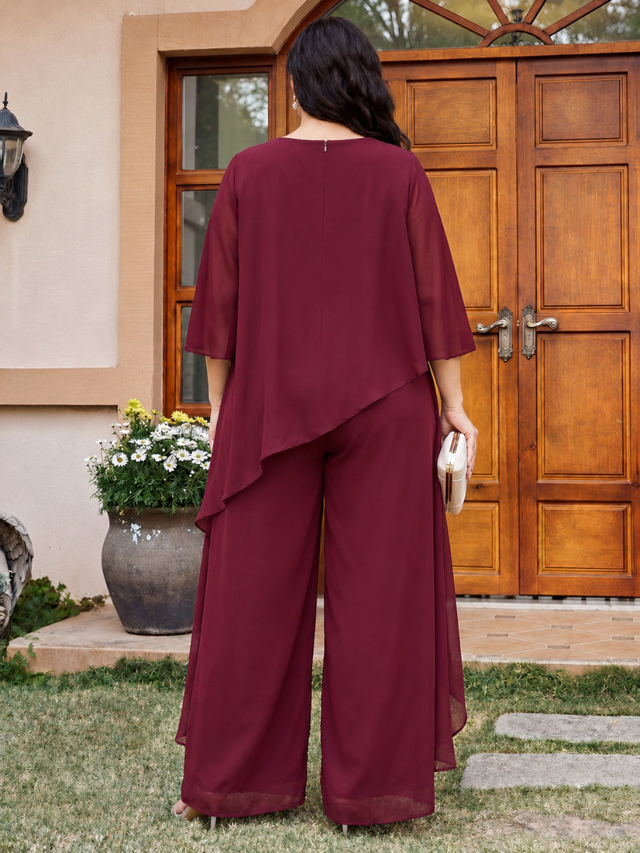 Jumpsuits Scoop Half Sleeves Sequin Ankle-Length Plus Size Mother of the Bride Dresses with Sequins &amp; Ruffles