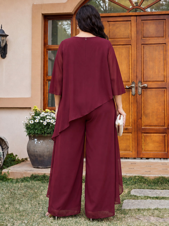 Jumpsuits Scoop Half Sleeves Sequin Ankle-Length Plus Size Mother of the Bride Dresses with Sequins &amp; Ruffles