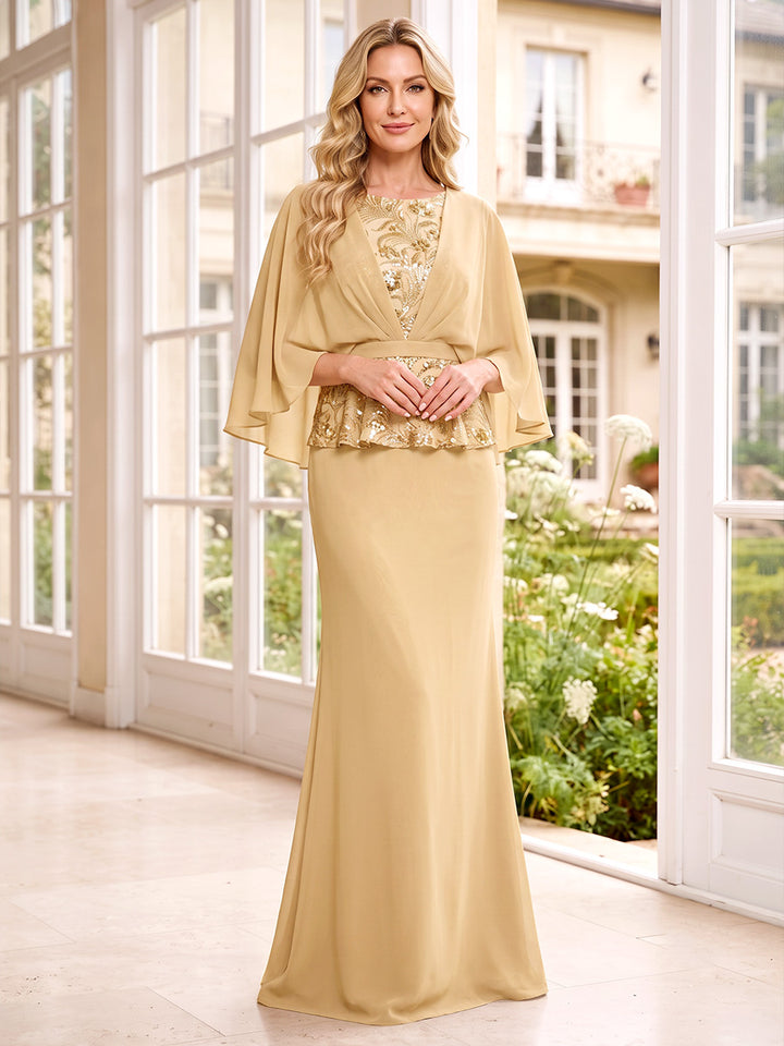 A-Line/Princess Scoop Half Sleeves Chiffon Floor-Length Mother of the Bride Dresses with Sequins &amp; Ruffles