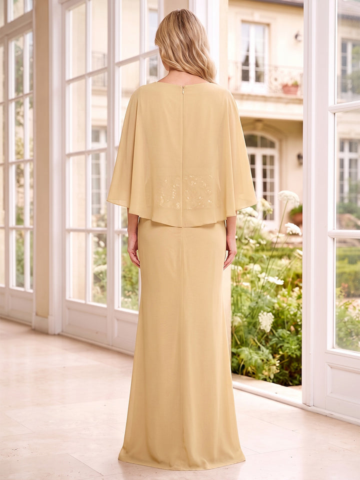 A-Line/Princess Scoop Half Sleeves Chiffon Floor-Length Mother of the Bride Dresses with Sequins &amp; Ruffles