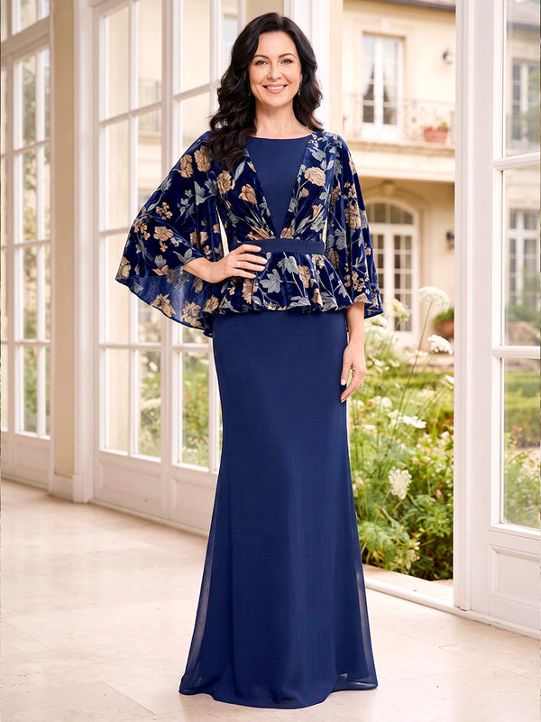 Sheath/Column Scoop 3/4 Sleeves Velvet Floor-Length Mother of the Bride Dresses with Floral Printed