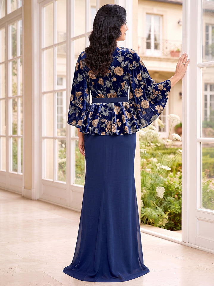 Sheath/Column Scoop 3/4 Sleeves Velvet Floor-Length Mother of the Bride Dresses with Floral Printed