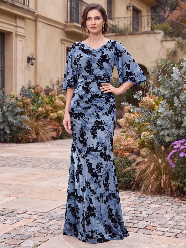 Sheath/Column Scoop Half Sleeves Velvet Floor-Length Mother of the Bride Dresses with Floral Printed