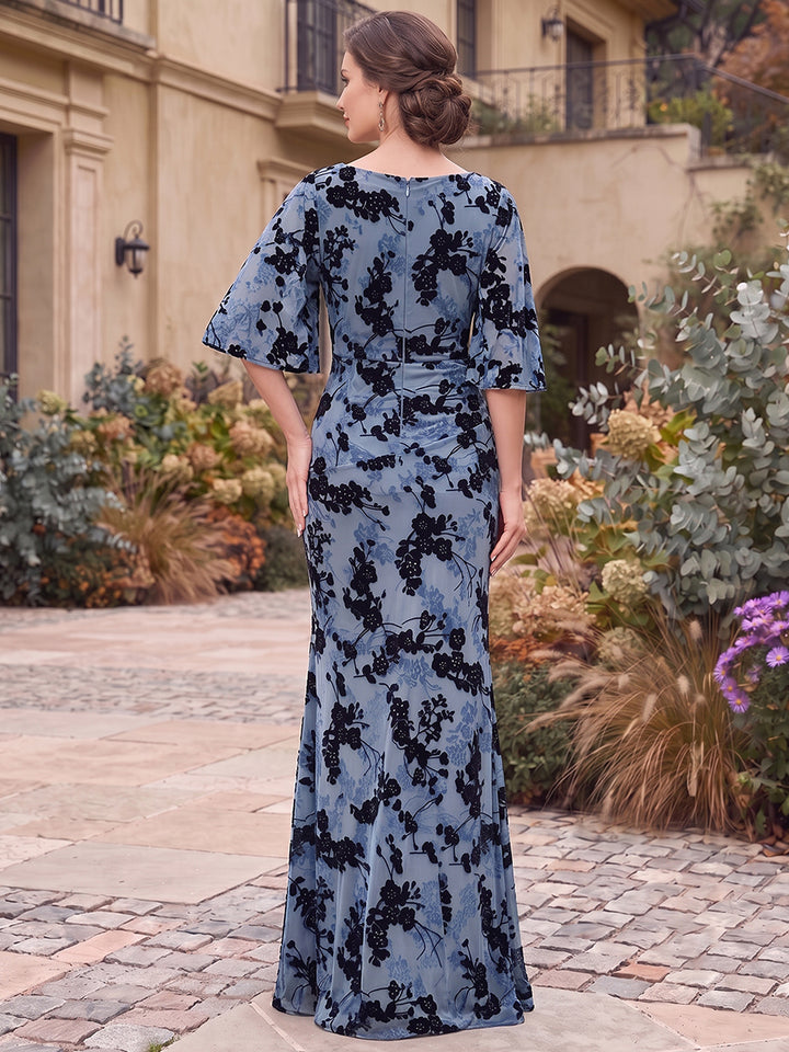 Sheath/Column Scoop Half Sleeves Velvet Floor-Length Mother of the Bride Dresses with Floral Printed