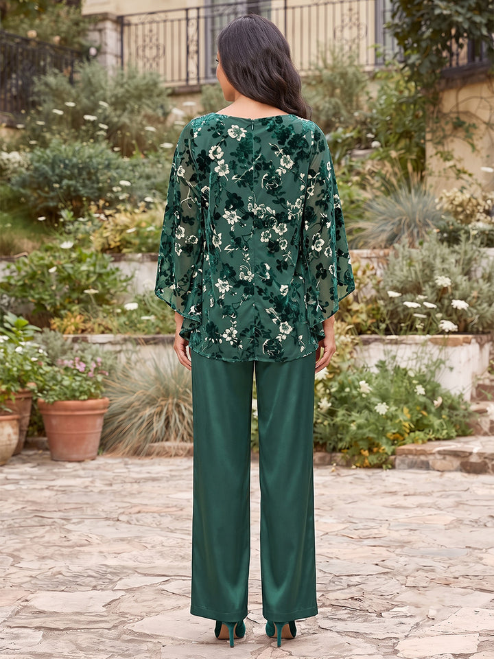 Jumpsuits Scoop 3/4 Sleeves Velvet Ankle-Length Mother of the Bride Dresses with Floral Printed