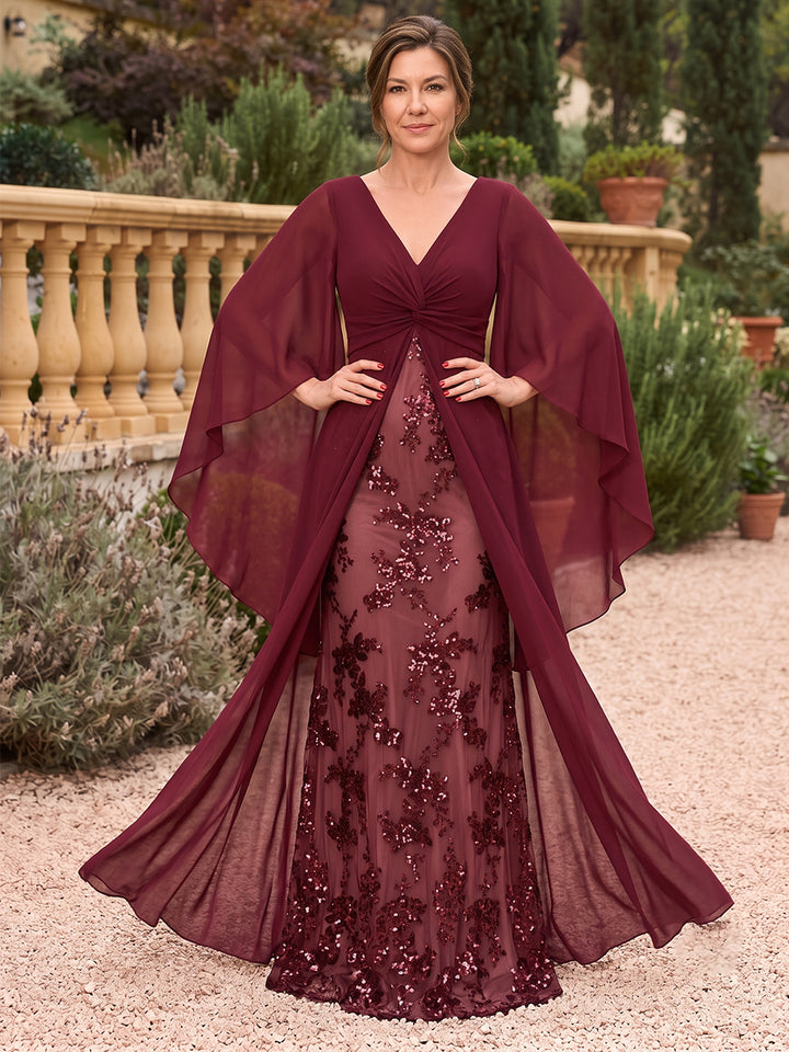 A-Line/Princess  V-Neck  3/4 Sleeves  Chiffon  Floor-Length  Mother of the Bride Dresses  with Sequins &amp; Overskirt