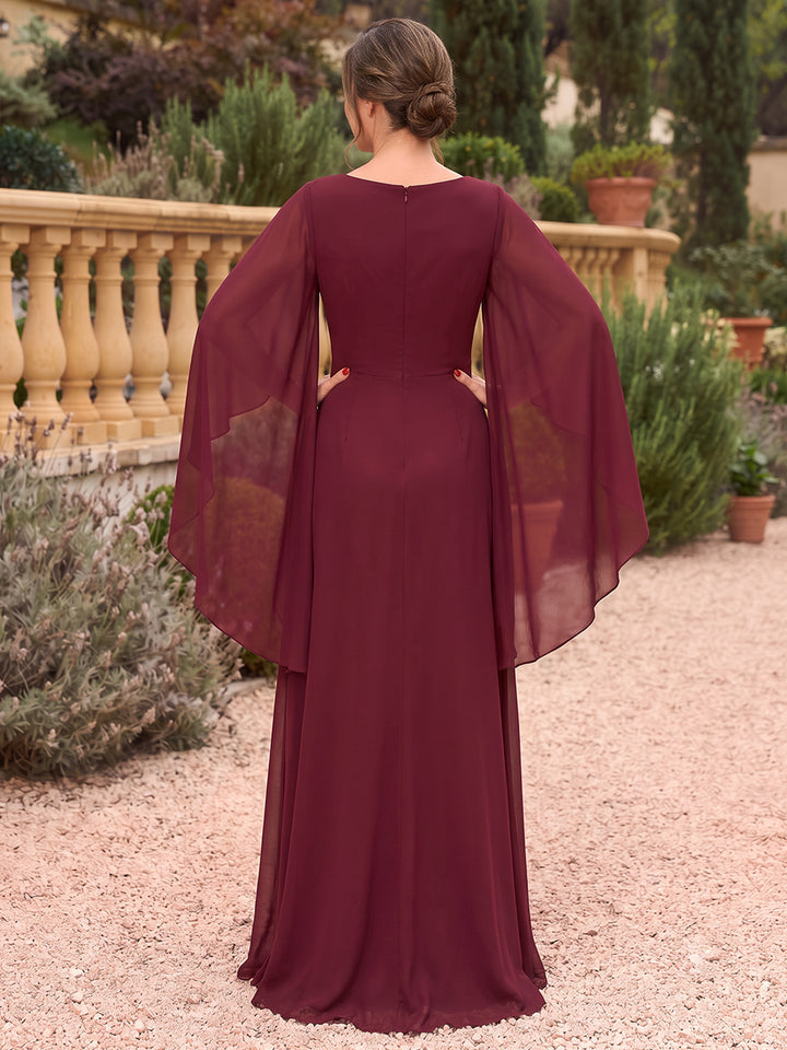 A-Line/Princess  V-Neck  3/4 Sleeves  Chiffon  Floor-Length  Mother of the Bride Dresses  with Sequins &amp; Overskirt