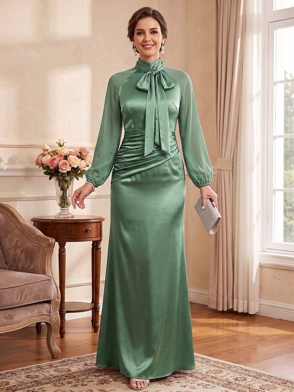A-Line/Princess High Neck Long Sleeves Satin Floor-Length Mother of the Bride Dresses with Pleats