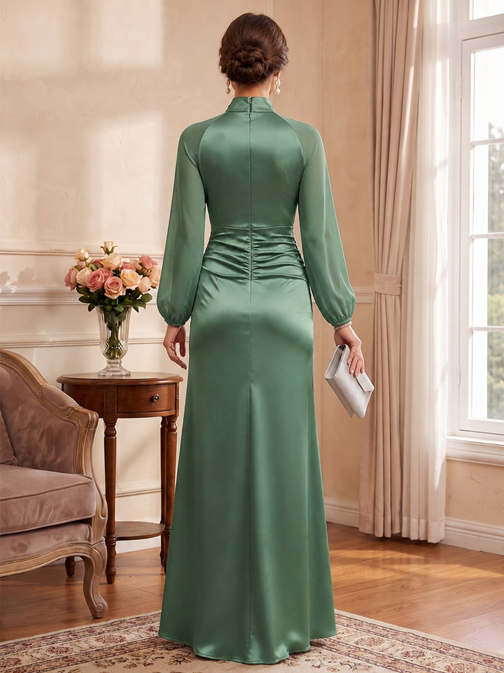 A-Line/Princess High Neck Long Sleeves Satin Floor-Length Mother of the Bride Dresses with Pleats