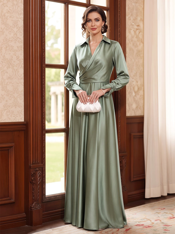 A-Line/Princess  V-Neck  Long Sleeves  Satin  Floor-Length  Mother of the Bride Dresses