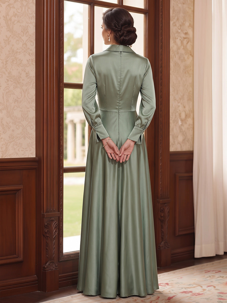 A-Line/Princess  V-Neck  Long Sleeves  Satin  Floor-Length  Mother of the Bride Dresses
