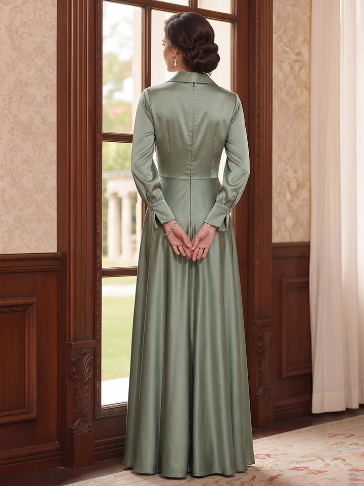 A-Line/Princess  V-Neck  Long Sleeves  Satin  Floor-Length  Mother of the Bride Dresses