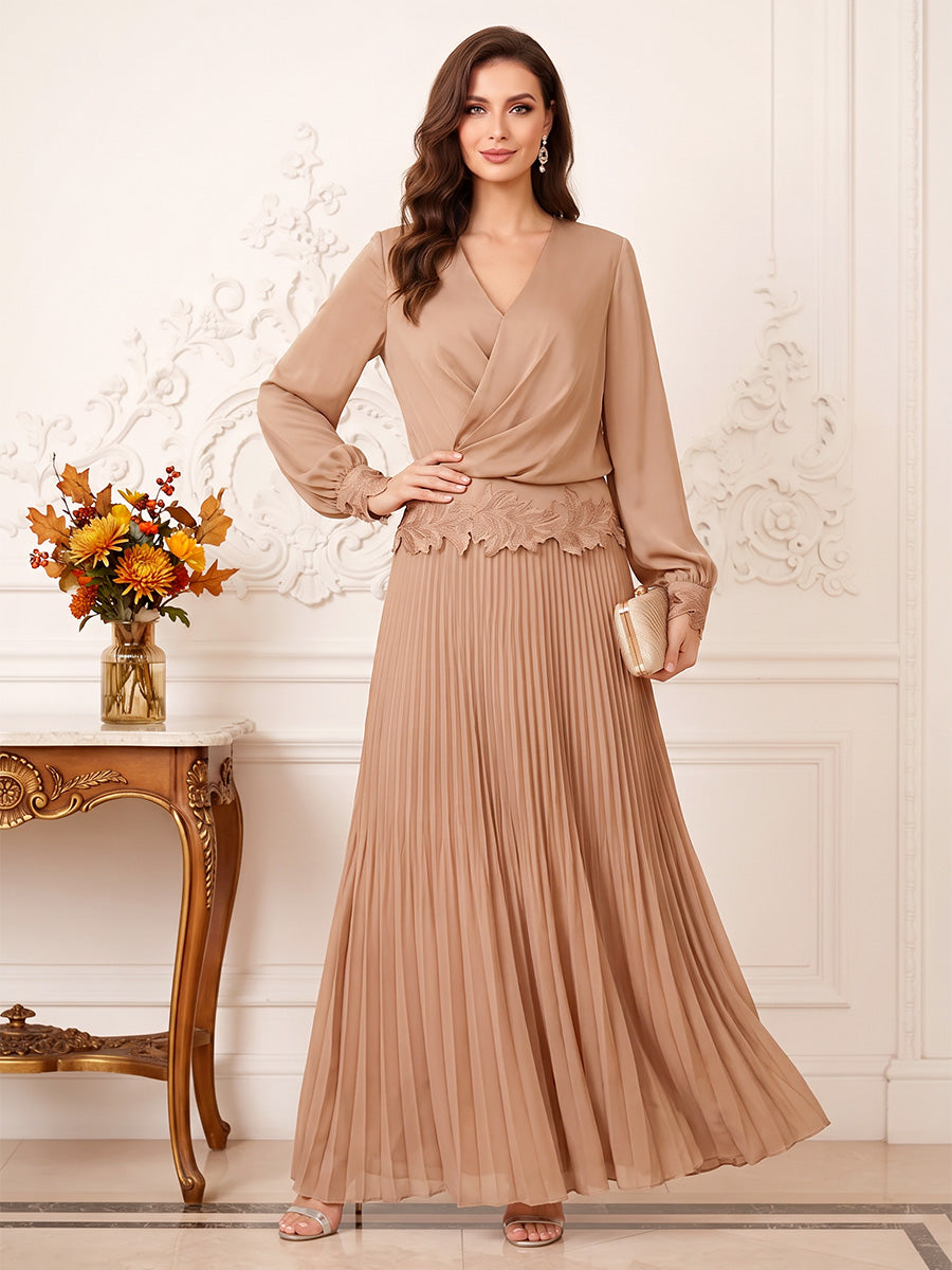 A-Line/Princess V-Neck Long Sleeves Chiffon Ankle-Length Mother of the Bride Dresses with Pleats