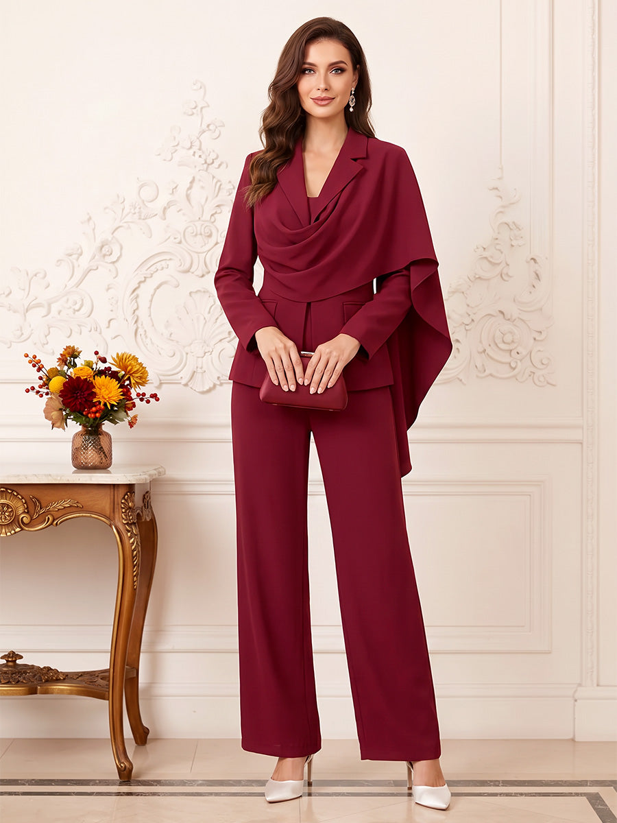 Jumpsuits  V-Neck  Long Sleeves  Stretch Satin  Ankle-Length  Mother of the Bride Dresses  with Cape
