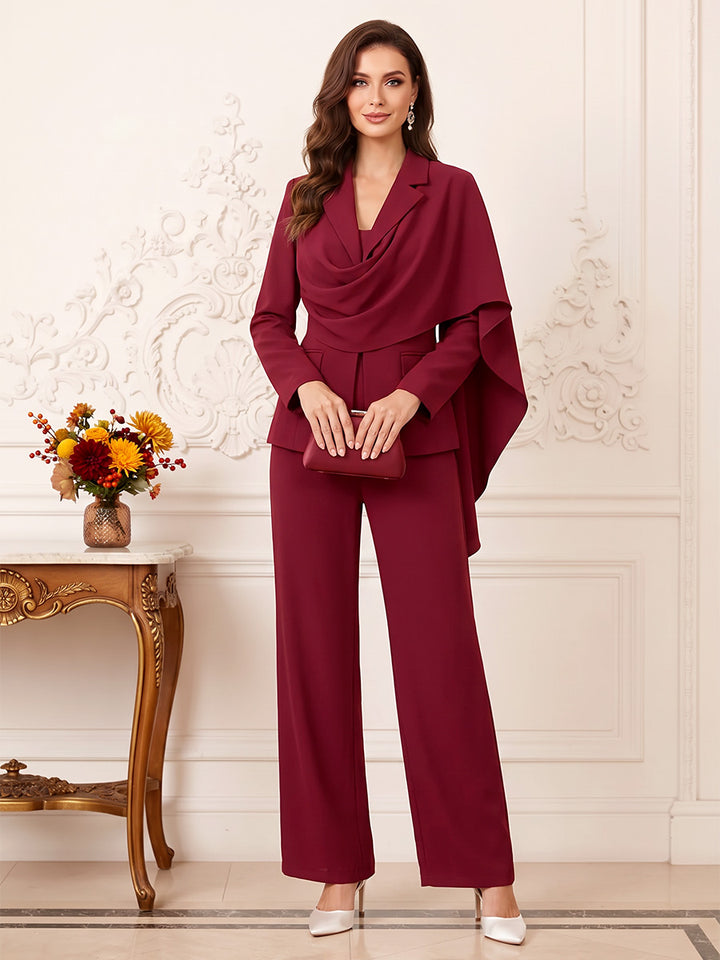 Jumpsuits  V-Neck  Long Sleeves  Stretch Satin  Ankle-Length  Mother of the Bride Dresses  with Cape