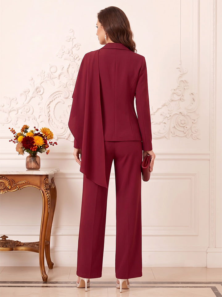 Jumpsuits  V-Neck  Long Sleeves  Stretch Satin  Ankle-Length  Mother of the Bride Dresses  with Cape