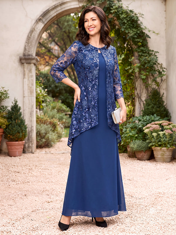 Sheath/Column Scoop 3/4 Sleeves Chiffon Floor-Length Mother of the Bride Dresses with Jacket & Applique