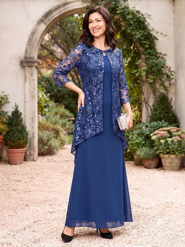 Sheath/Column Scoop 3/4 Sleeves Chiffon Floor-Length Mother of the Bride Dresses with Jacket &amp; Applique