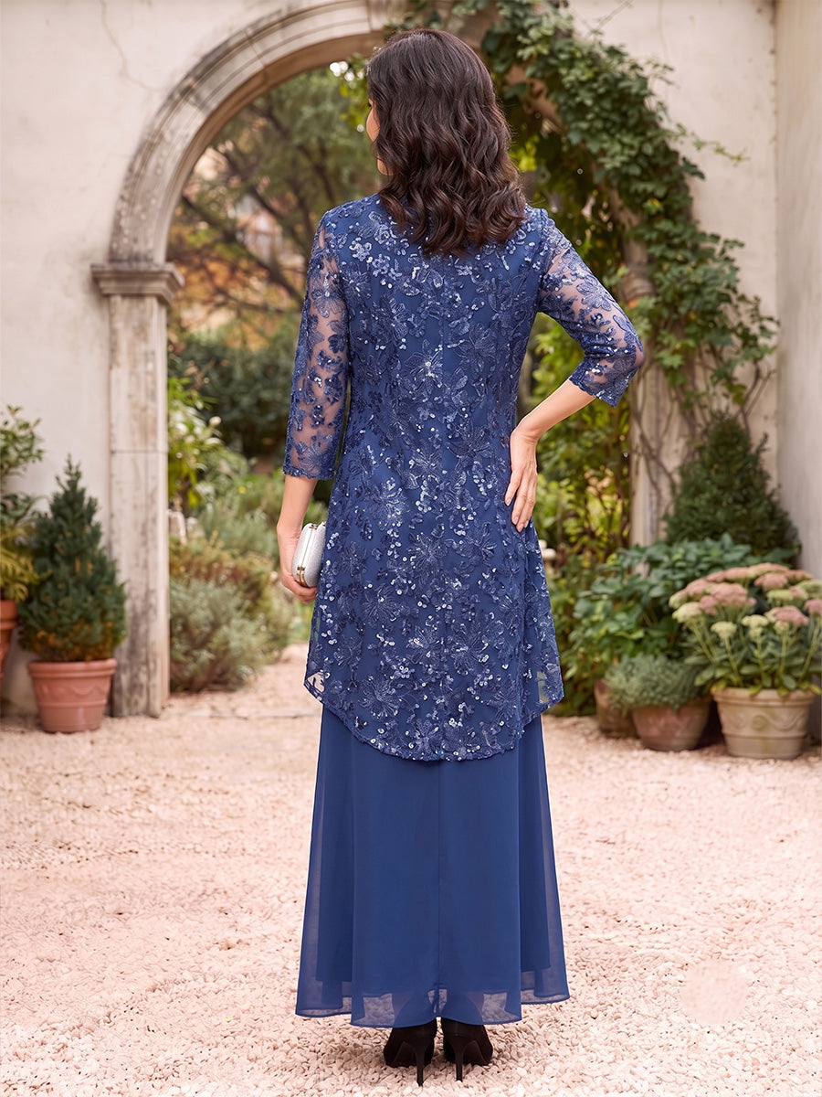 Sheath/Column Scoop 3/4 Sleeves Chiffon Floor-Length Mother of the Bride Dresses with Jacket &amp; Applique