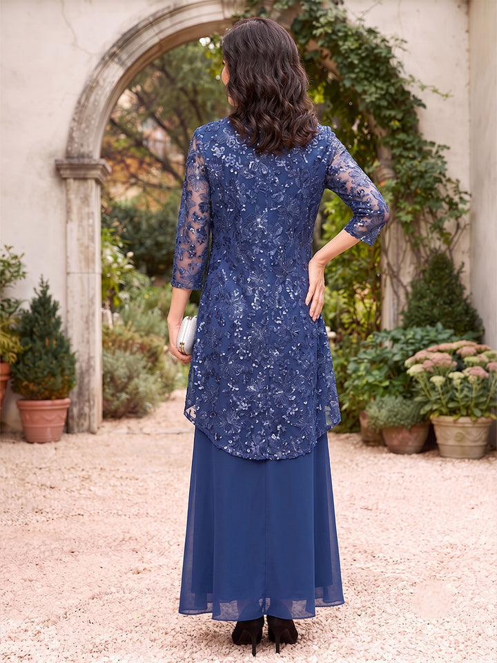 Sheath/Column Scoop 3/4 Sleeves Chiffon Floor-Length Mother of the Bride Dresses with Jacket &amp; Applique