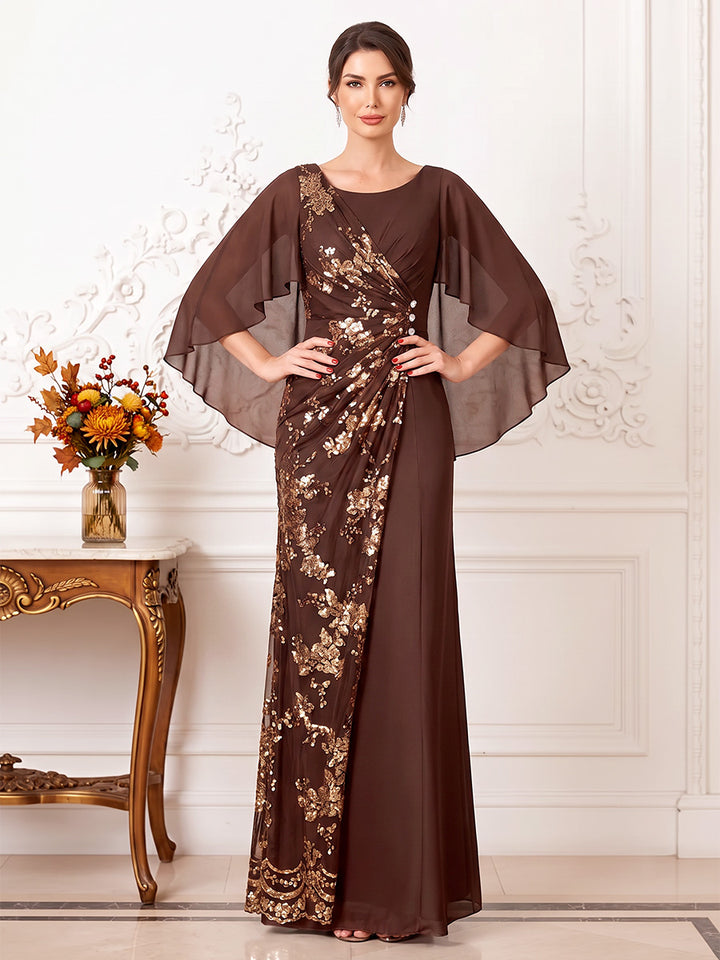 Sheath/Column  Scoop  3/4 Sleeves  Chiffon  Floor-Length  Mother of the Bride Dresses  with Cape