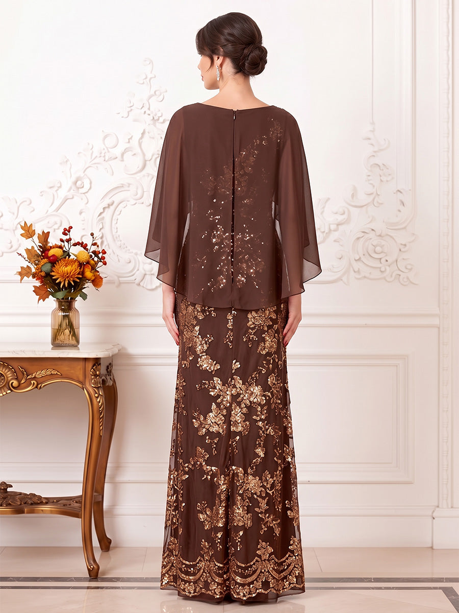 Sheath/Column  Scoop  3/4 Sleeves  Chiffon  Floor-Length  Mother of the Bride Dresses  with Cape